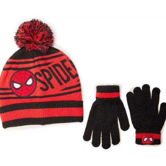 Marvel | Kids' "Spidey" Red & Black Stripe Pom-Pom Beanie & Gloves - Picture 1 of 1